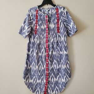 Sundance Cotton Midi Dress Abstract Embroidered Button Down Blue White Medium